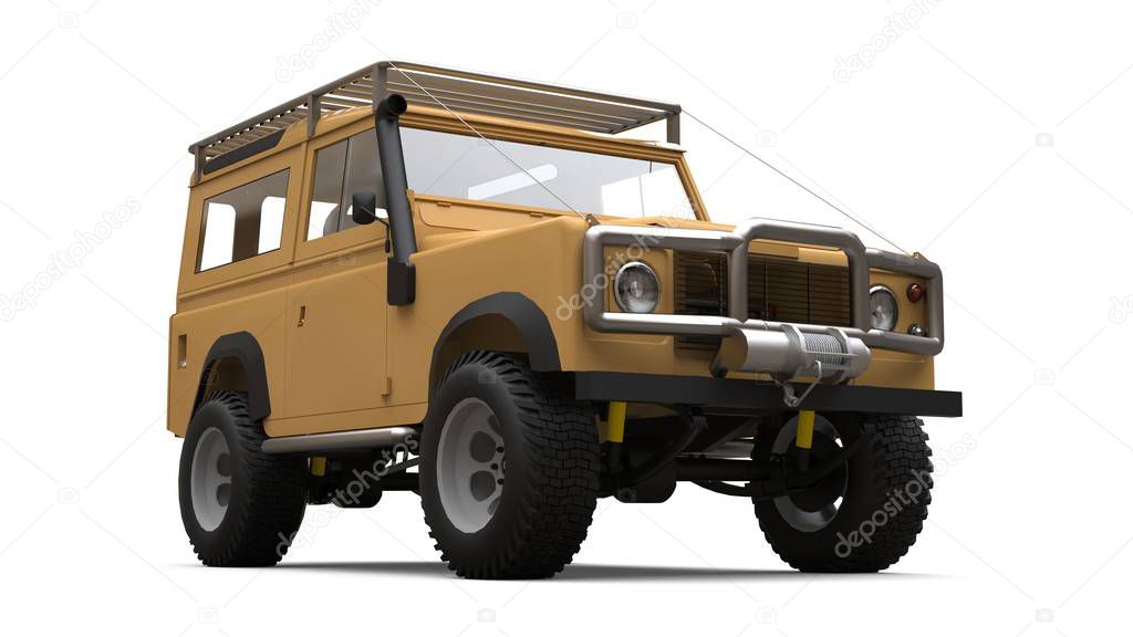Beige old small SUV tuned for difficult routes and expeditions. 3d rendering.
