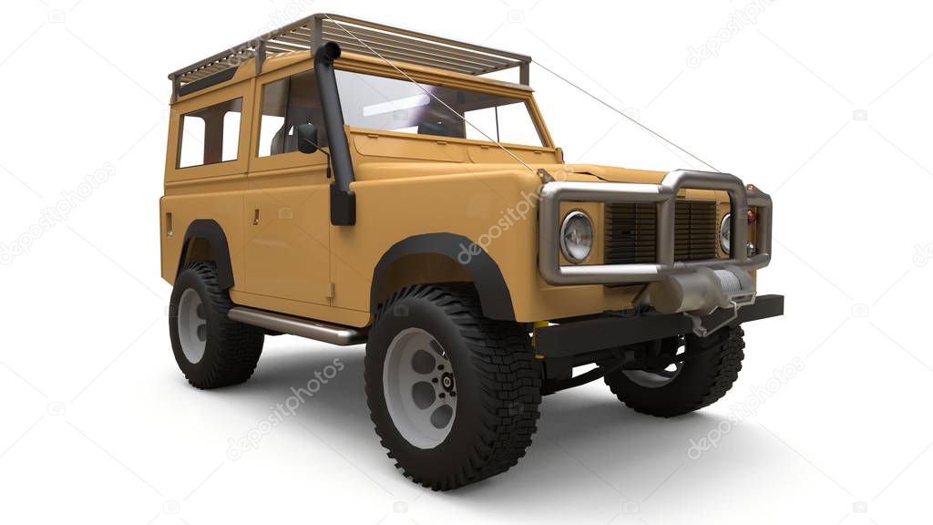 Beige old small SUV tuned for difficult routes and expeditions. 3d rendering.
