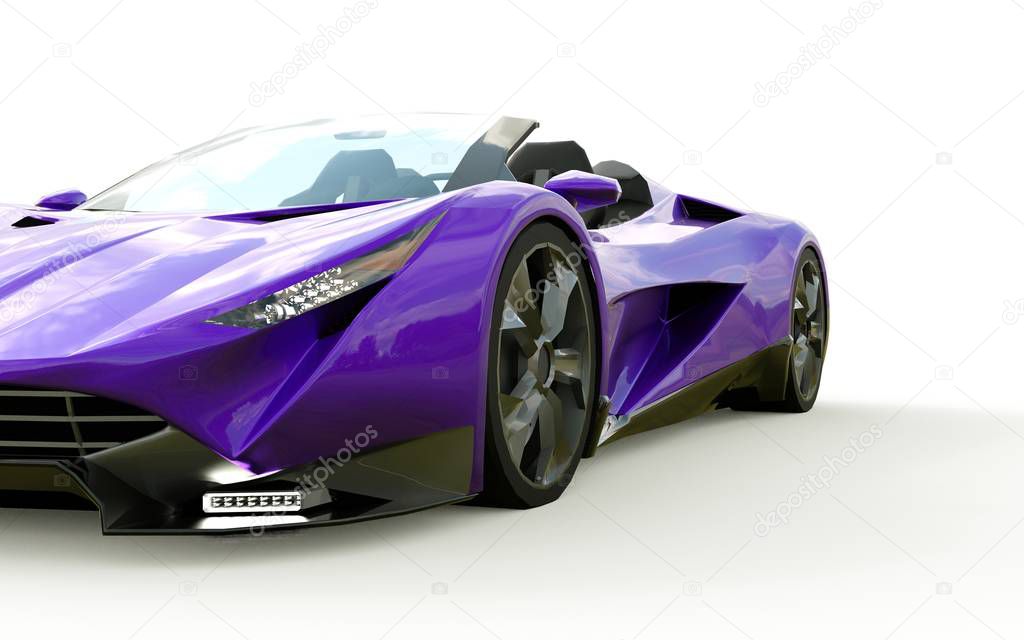 Purple conceptual sports cabriolet for driving around the city and racing track on a white background. 3d rendering.