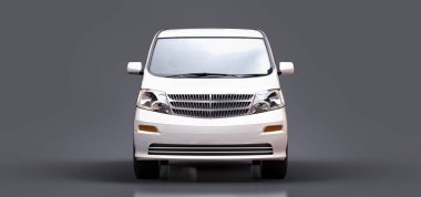 İnsanların taşınması için beyaz, küçük bir minivan. Parlak gri bir arkaplanda üç boyutlu illüstrasyon. 3d oluşturma.