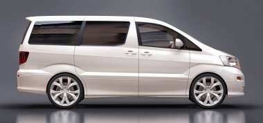 İnsanların taşınması için beyaz, küçük bir minivan. Parlak gri bir arkaplanda üç boyutlu illüstrasyon. 3d oluşturma.