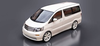 İnsanların taşınması için beyaz, küçük bir minivan. Parlak gri bir arkaplanda üç boyutlu illüstrasyon. 3d oluşturma.