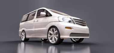 İnsanların taşınması için beyaz, küçük bir minivan. Parlak gri bir arkaplanda üç boyutlu illüstrasyon. 3d oluşturma.