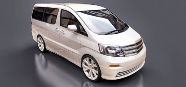 İnsanların taşınması için beyaz, küçük bir minivan. Parlak gri bir arkaplanda üç boyutlu illüstrasyon. 3d oluşturma.