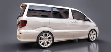 İnsanların taşınması için beyaz, küçük bir minivan. Parlak gri bir arkaplanda üç boyutlu illüstrasyon. 3d oluşturma.