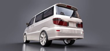 İnsanların taşınması için beyaz, küçük bir minivan. Parlak gri bir arkaplanda üç boyutlu illüstrasyon. 3d oluşturma.