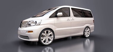 İnsanların taşınması için beyaz, küçük bir minivan. Parlak gri bir arkaplanda üç boyutlu illüstrasyon. 3d oluşturma.