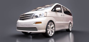 İnsanların taşınması için beyaz, küçük bir minivan. Parlak gri bir arkaplanda üç boyutlu illüstrasyon. 3d oluşturma.