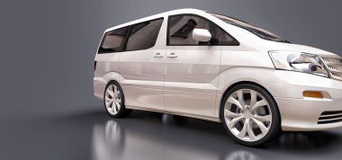 İnsanların taşınması için beyaz, küçük bir minivan. Parlak gri bir arkaplanda üç boyutlu illüstrasyon. 3d oluşturma.
