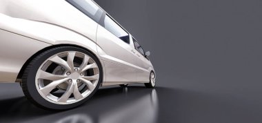 İnsanların taşınması için beyaz, küçük bir minivan. Parlak gri bir arkaplanda üç boyutlu illüstrasyon. 3d oluşturma.