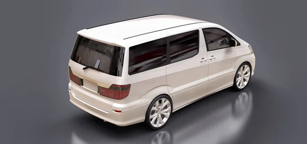 White small minivan for transportation of people. Three-dimensional illustration on a glossy gray background. 3d rendering. — Stock Photo, Image