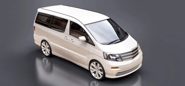 White small minivan for transportation of people. Three-dimensional illustration on a glossy gray background. 3d rendering. — Stock Photo, Image