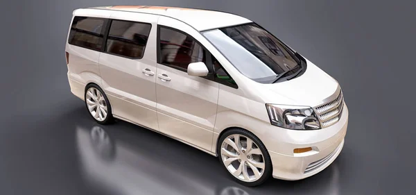 White small minivan for transportation of people. Three-dimensional illustration on a glossy gray background. 3d rendering. — Stock Photo, Image