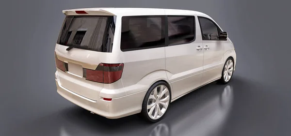 White small minivan for transportation of people. Three-dimensional illustration on a glossy gray background. 3d rendering. — Stock Photo, Image