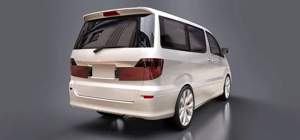 Bílý malý minivan pro přepravu osob. Trojrozměrná ilustrace na lesklém šedém pozadí. 3D vykreslování. — Stock fotografie