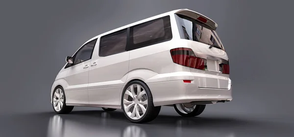 White small minivan for transportation of people. Three-dimensional illustration on a glossy gray background. 3d rendering. — Stock Photo, Image