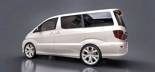 Fehér kisbuszt az emberek szállítására. Háromdimenziós illusztráció fényes szürke háttérrel. 3D-s renderelés. — Stock Fotó