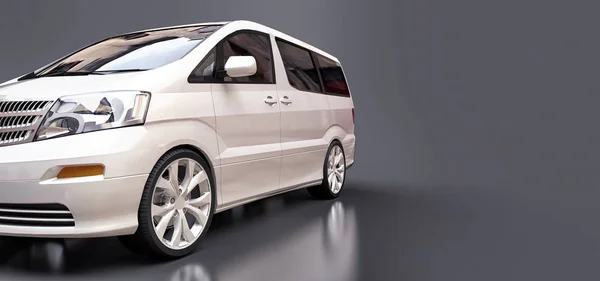Wit minibusje voor het vervoer van mensen. Driedimensionale illustratie op een glanzende grijze achtergrond. 3d destructie. — Stockfoto