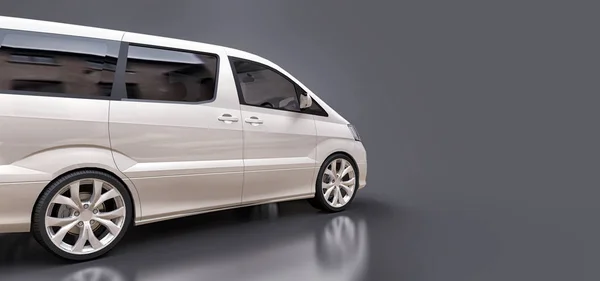 White small minivan for transportation of people. Three-dimensional illustration on a glossy gray background. 3d rendering. — Stock Photo, Image