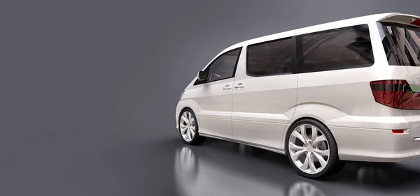 White small minivan for transportation of people. Three-dimensional illustration on a glossy gray background. 3d rendering. — Stock Photo, Image