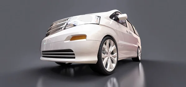 Minivan bianco per il trasporto di persone. Illustrazione tridimensionale su sfondo grigio lucido. rendering 3d . — Foto Stock