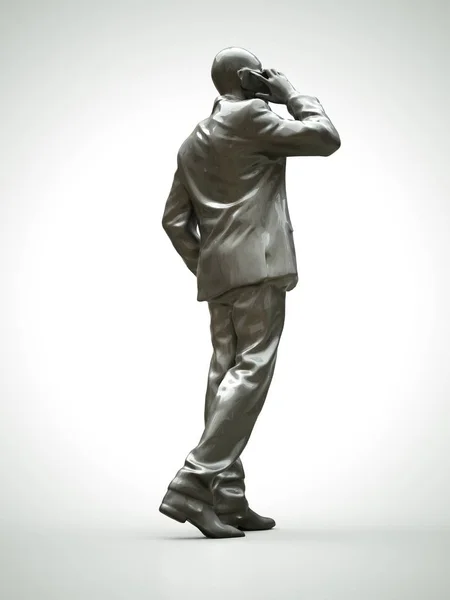 Plastic figure of a black man in a suit talking on the phone. 3d rendering.