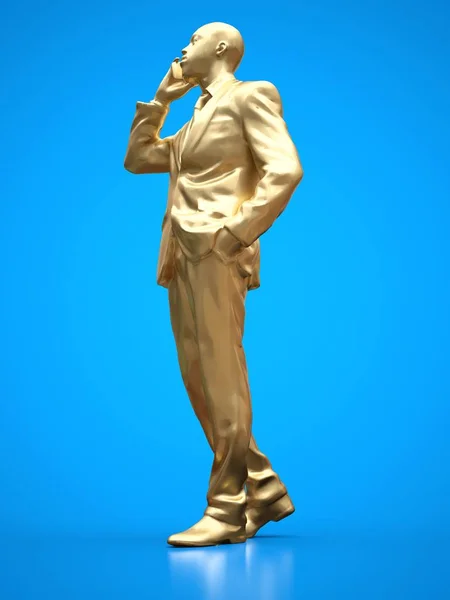 Золота фігура чорношкірого чоловіка в костюмі, що говорить по телефону. 3D візуалізація . — стокове фото
