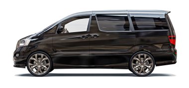 İnsanların taşınması için siyah küçük minivan. Parlak gri arka plan üzerinde üç boyutlu çizim. 3d render.