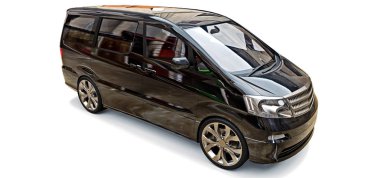 İnsanların taşınması için siyah küçük minivan. Parlak gri arka plan üzerinde üç boyutlu çizim. 3d render.