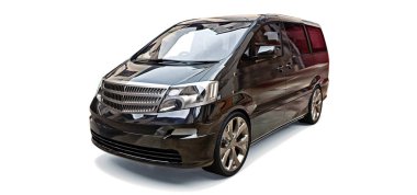 İnsanların taşınması için siyah küçük minivan. Parlak gri arka plan üzerinde üç boyutlu çizim. 3d render.