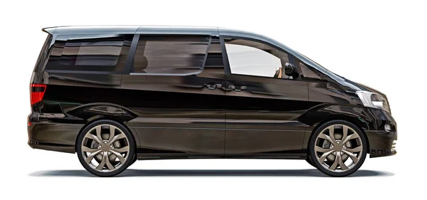Minivan pequena preta de transporte de pessoas. ilustração tridimensional em um fundo cinza brilhante. Renderização 3d . — Fotografia de Stock