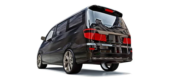 Black small minivan for transportation of people. Three-dimensional illustration on a glossy gray background. 3d rendering. — Stock Photo, Image