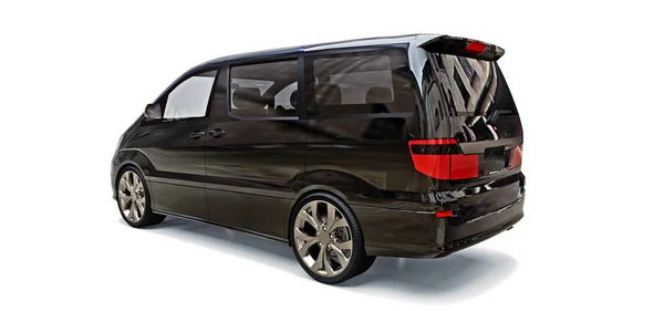 Black small minivan for transportation of people. Three-dimensional illustration on a glossy gray background. 3d rendering. — Stock Photo, Image