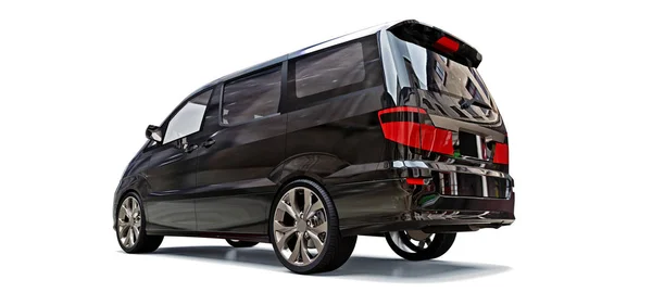 Minivan pequena preta de transporte de pessoas. ilustração tridimensional em um fundo cinza brilhante. Renderização 3d . — Fotografia de Stock