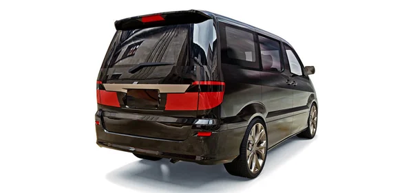 Black small minivan for transportation of people. Three-dimensional illustration on a glossy gray background. 3d rendering. — Stock Photo, Image