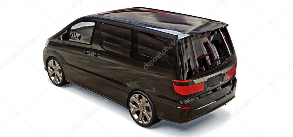 Black small minivan for transportation of people. Three-dimensional illustration on a glossy gray background. 3d rendering.
