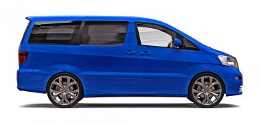 İnsanların taşınması için mavi küçük minivan. Parlak gri arka plan üzerinde üç boyutlu çizim. 3d render.