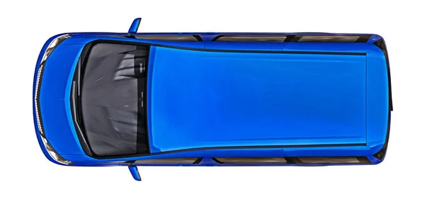 Minivan kecil biru untuk transportasi orang. Ilustrasi tiga dimensi pada latar belakang abu-abu mengkilap. Rendering 3d . — Stok Foto
