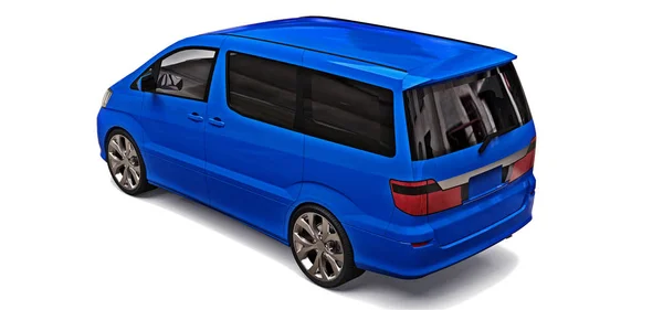 Minivan pequena azul de transporte de pessoas. ilustração tridimensional em um fundo cinza brilhante. Renderização 3d . — Fotografia de Stock