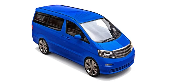 Minibús azul pequeño para el transporte de personas. Ilustración tridimensional sobre un fondo gris brillante. renderizado 3d . —  Fotos de Stock