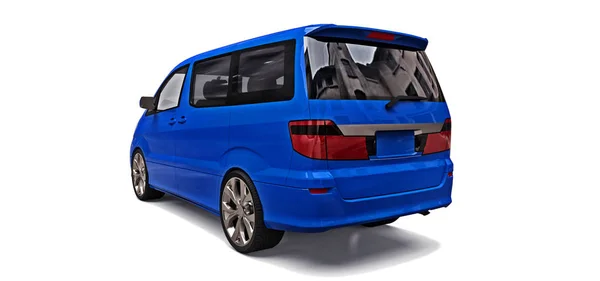 Modrý malý minivan pro přepravu lidí. Trojrozměrný obrázek na lesklém šedém pozadí. prostorové vykreslování. — Stock fotografie