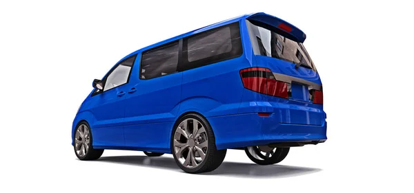 Blue small minivan for transportation of people. Three-dimensional illustration on a glossy gray background. 3d rendering. — Stock Photo, Image