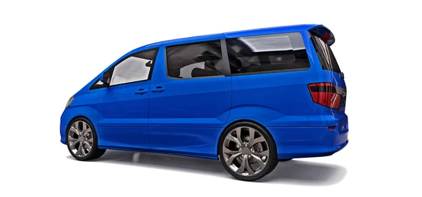 Blauwe kleine minibus voor het vervoer van mensen. Driedimensionale afbeelding op een glanzende grijze achtergrond. 3D-rendering. — Stockfoto