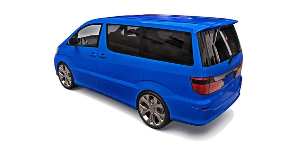 Blauwe kleine minibus voor het vervoer van mensen. Driedimensionale afbeelding op een glanzende grijze achtergrond. 3D-rendering. — Stockfoto