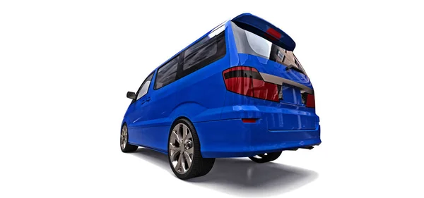 Blue small minivan for transportation of people. Three-dimensional illustration on a glossy gray background. 3d rendering. — Stock Photo, Image
