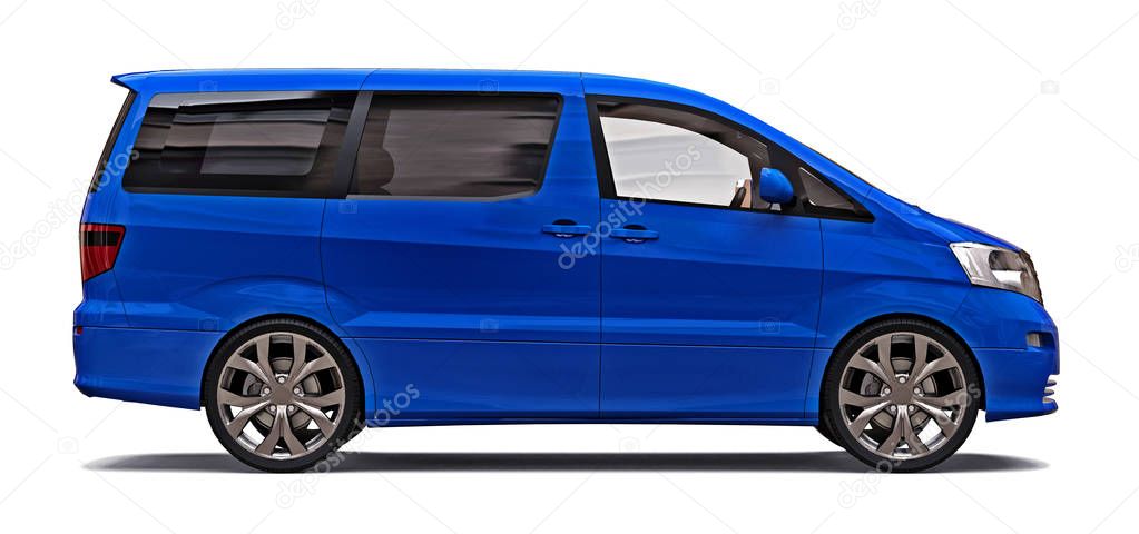 Blue small minivan for transportation of people. Three-dimensional illustration on a glossy gray background. 3d rendering.