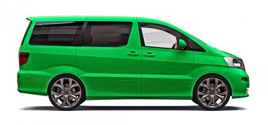 Green small minivan for transportation of people. Three-dimensional illustration on a white background. 3d rendering.