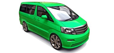 Green small minivan for transportation of people. Three-dimensional illustration on a white background. 3d rendering.