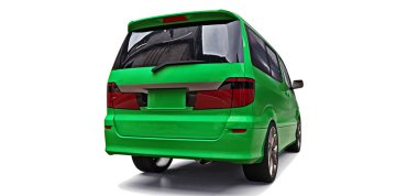 Green small minivan for transportation of people. Three-dimensional illustration on a white background. 3d rendering.