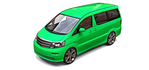 Pequeña minivan verde para el transporte de personas. Ilustración tridimensional sobre fondo blanco. renderizado 3d . — Foto de Stock